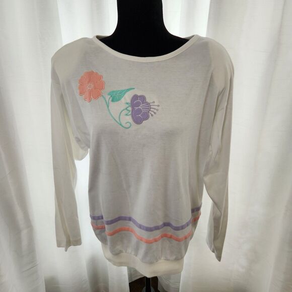 Dead Stock Vintage Aileen Shirt Embroidered Patch Floral Stripe Retro Large - Picture 1 of 13